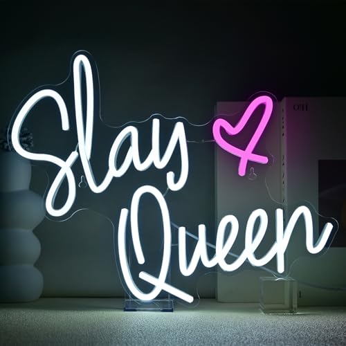 Image of Slay Queen Neon Sign White Pink LED Neon Light Up Signs for Wall Decor Usb Neon Light for Bedroom Preppy Girl Aesthetic Room Dorm Decor Y2k Party Gifts