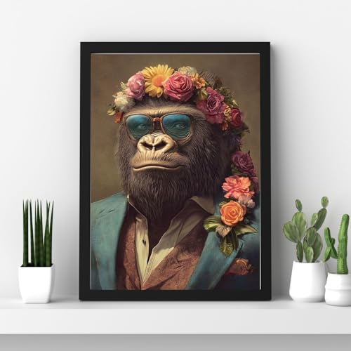 Gorille en costume tableau singe pimpant fleurs lunettes de soleil grand cadre