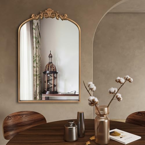 HQiJun Antique Gold Arched Baroque Mirror 24x36 - Brass Finish Metal Frame, Intricately Carved Vertical Wall Mirror for Entryway, Living Room, Bathroom Vanity & Dining Room