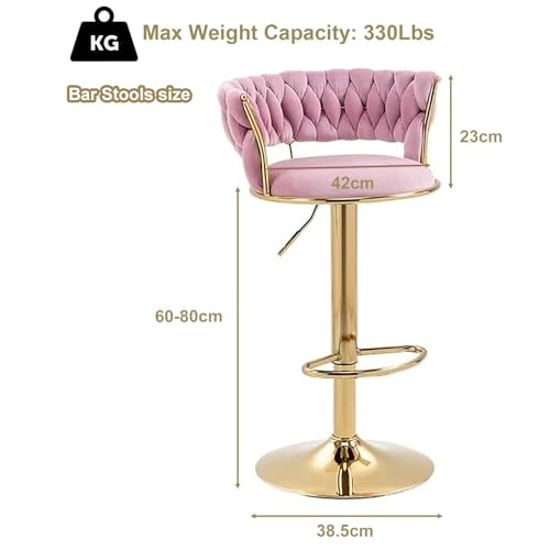 Butaco ajustable de altura, con respaldo bajo y reposapiés, giro de 360°, tapizado en terciopelo rosa con base y patas metálicas doradas, para barra, isla de cocina o pub miniatura 3