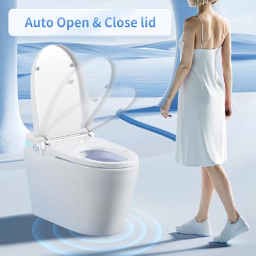 Inodoro inteligente sin tanque Virubi con bidé integrado, inodoro de una pieza con descarga automática, asiento calefactado, agua tibia y secado, temperatura ajustable, control remoto y sensor de pie, cerámica blanca para baño miniatura 4