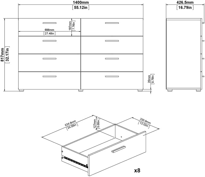Tvilum 8 Drawer Double Dresser, Oak