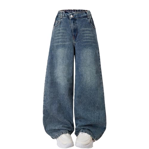 Nivne Tco Tween Girls Wide Leg Jeans, Zipper Washed Asymmetrical Waist Vintage Baggy Denim Pants with Five Pockets (US, Age, 9 Years, Blue)