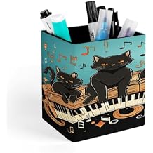 Four Black Cats Lying on The Piano Keyboard Square Pen Holders Classical Design Pencils Holders Makeup Brush Holders Leather Pen Holder Cup Desktop Stationery Organizer for Office Supplies