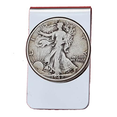 US 1942 Walking Liberty Half Dollar 90% Silver Coin Stainless Steel Money Clip NEW - Silver Plated Coin Bezel