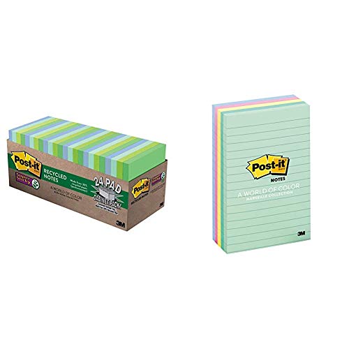 Post-it Super Sticky Recycled Notes, 3 in x 3 in, 24 Pads, 2x the Sticking Power, Cool Colors & Notes, 4 in x 6 in, 5 Pads, America's #1 Favorite Sticky Notes, Marseille Collection, Pink, Mint, Yellow