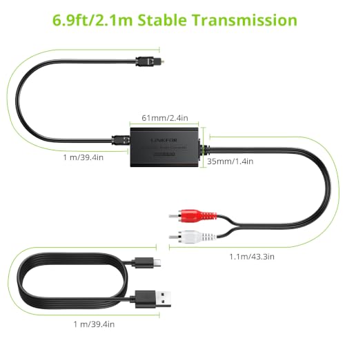 Image of LiNKFOR 192kHz SPDIF Toslink to RCA DAC Converter, 2.1m Cable | Digital-to-analog audio adapter supports Dolby AC-3 and DTS 5.1 channel audio decoding