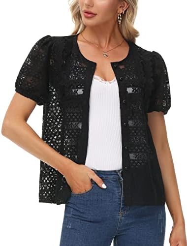 Women's Shrug Sweater Short Sleeve Casual Crochet Lace Cardigan Vintage Bolero Jackets for Dresses Black L