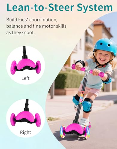 BELEEV A2 Scooter Roller Kinder 2-6 Jahre, 3 Räder Kinderroller mit LED Leuchtende Räder, 4 Höhenverstellbare, Rutschfestes Deck, Lean to Steer, Roller Kinder 2 Jahre Mädchen Jungen Geschenk
