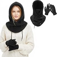 Winter Balaclavas Hat Gloves Set for Women, Balaclava Hat Warm Face Cover Neck Scarf Ski Mask for Cold Weather (Black)