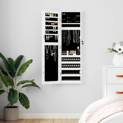 Tonture Armario para joyas con espejo, color blanco, material de madera, 30 x 8,5 x 106 cm, montaje en pared, se puede cerrar con ganchos, espacio para joyas, cosméticos, baño, dormitorio, pasillo