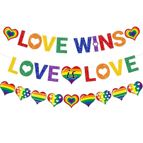 3Packs LGBTQ Pride Decorations,Glitter Love Wins Pride Bunting Accessories Love is Love Rainbow Bunting Banner for Pride Month LGBT Party Supplies Bar Garden Home Decorations