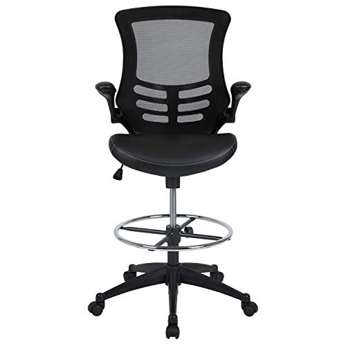 Flash Furniture Kelista Mid-Back Black Mesh Ergonomic Drafting Chair With Leathersoft Seat, Adjustable Foot Ring And Flip-Up Arms #TOP5