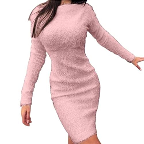 SIRWAX Casual Dress Popular Party Dress Fluffy Round Neck Washable Slim Fit Winter Sweater Dress Machine Wash, Pink, L