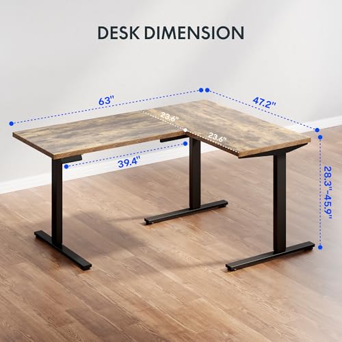 Image of FLEXISPOT L Shaped Standing Desk, 63 x 47 Inch Electric Height Adjustable Corner Desk, Sit Stand Computer Workstation, Preset Controller, Home Office, Black Frame with Rustic Brown Top, Black Drawer