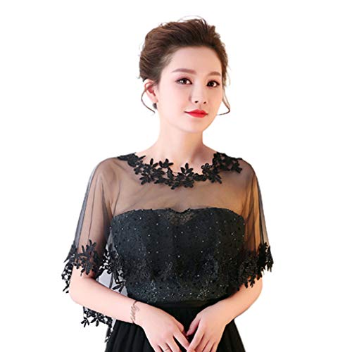 Wedding Shawl Women Single Layer Sheer High Low Wedding Shawl Wrap Floral Lace Applique Splici, Black