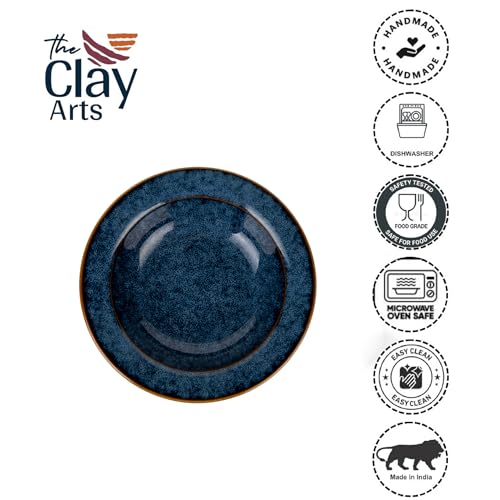 Image of Premium Pasta Plate, Ceramic Plate for Pasta, Small, Round & Deep Dish, Microwave & Dishwasher Safe, Handmade Stoneware, Elegant Tableware for Every Occasion, Rustic Blue, 7 Inch