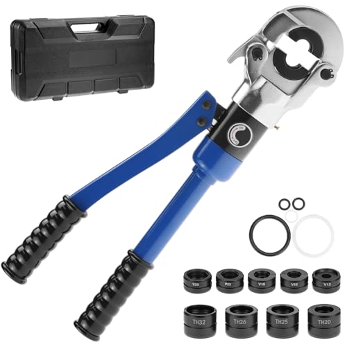 QWORK® Alicates de Crimpado, Prensa de Tubos Hidráulicos TH Kontur 16 32mm y V Kontur 12 28mm, para Tubos de Plástico de Aluminio y Tubos de Acero Inoxidable