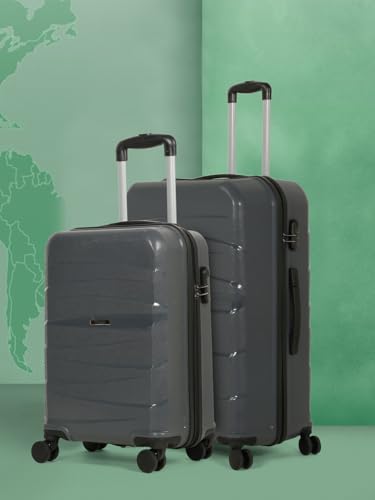 Image of Teakwood Small-Medium Size 8 Wheels Trolley Bag, Hard Cabin with Zipper Closure, Adjustable Push Button & TSA Lock System 360 Degree (Set of 2, Grey)