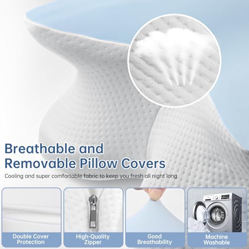 Honfay Almohada ergonómica Cervical con Memoria de Forma, cojín ortopédico, Almohada para Dormir en el Lado de la Espalda y el Vientre para Mejorar la Calidad del sueño, 62 x 42 x 10,5 cm (Azul) - imagen 7