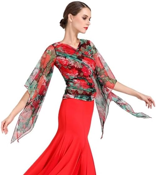 HEARTTOUCH Women Ballroom Dance Top Wrap Shirt V-Neck Modern Waltz Tango Latin Ruched Bust Blouse with Long Sleeve