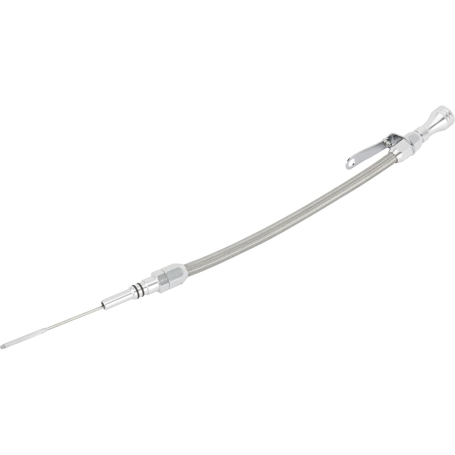 Speedway Motors Braided SS Flexible Engine Oil Dipstick for 1965–1990 BBC 396 402 427 454, Polished Billet Handle with 21” Overall Length, Passenger Side Fit with 12.75” Housing