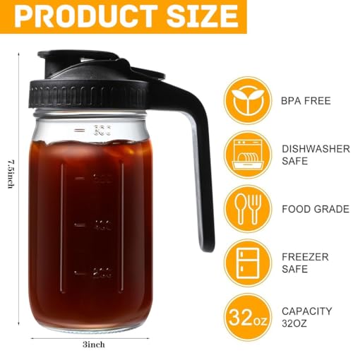 Mason Jar Pitcher Wide Mouth Glass Water Jug with Handle Lid 32 oz Breast Milk Pitcher for ice Tea Juice Mixing Cold Brew Coffee - Image 3
