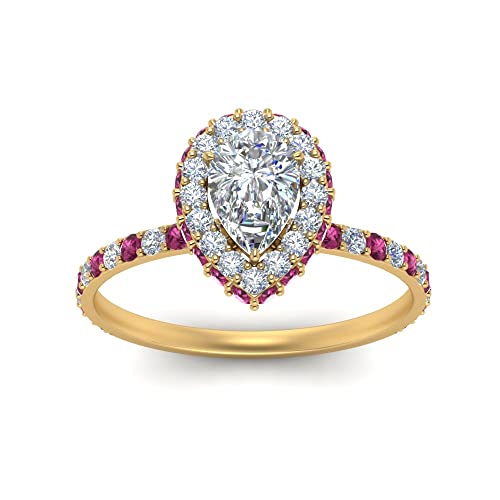 Image of Choose Your Gemstone Pave Rollover Pear Halo Engagement Ring Yellow Gold Plated Pear Shape Halo Engagement Rings Matching Jewelry Wedding Jewelry Easy to Wear Gifts US Size 4 to 12