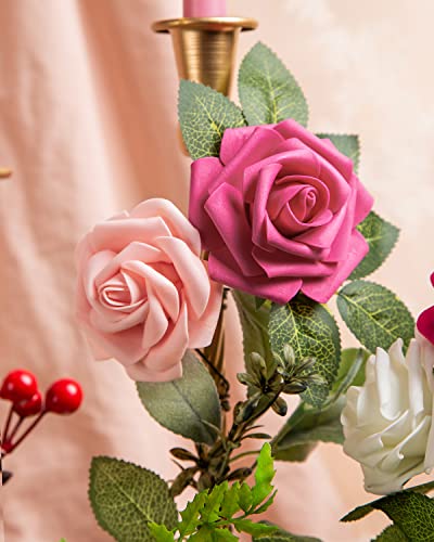 DuHouse 25Pcs Artificial Roses Flowers Fake Rose with Stems Real Touch Foam Flower Head for DIY Wedding Bridal Bouquet Baby Shower Centerpiece Floral Arrangement Party Home Decor(Peach) - Image 4