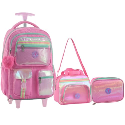 Kit Mochila Rodinha Colorido Metalizada Brilho Com Chaveiro Pompom Estojo Box Lancheira Térmica Escolar Feminina (Rosa)