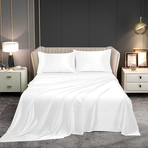 Image of Homestan Satin Bedsheet for King Size Bed with 2 Pillow Covers, Modern Bed Sheet for Romantic Nights(100x108 inches, White)