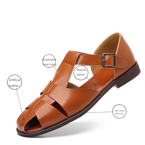 Men's Leather Hollow Flat Fisherman Sandals with Buckle Comfortable Round Toe Breathable Low Heel Non-slip Roman Sandals for Leisure, Work, Driving3