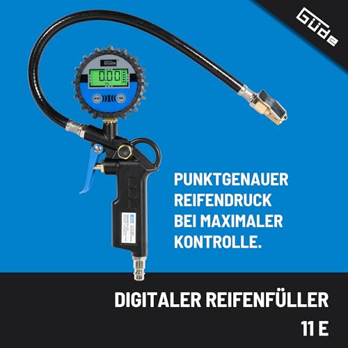 Güde Digitaler Reifenfüller 11 E (Arbeitsdruck max. 7 bar, 4-stellige Digitalanzeige in bar, psi, kPa, kgf/cm², Automatikabschaltung, Anschlussnippel, Luftablassventil, Ventilstecker, Test GUT)