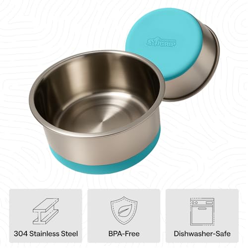 Image of GORILLA GRIP Dog Bowls, Food Grade 304 Stainless Steel Holds 4 Cups Each (32 fl oz) Food and Water Bowl for Feeding Dogs and Cats Dishwasher Safe Rust Resistant BPA Free Rubber Base Set of 2 Turquoise