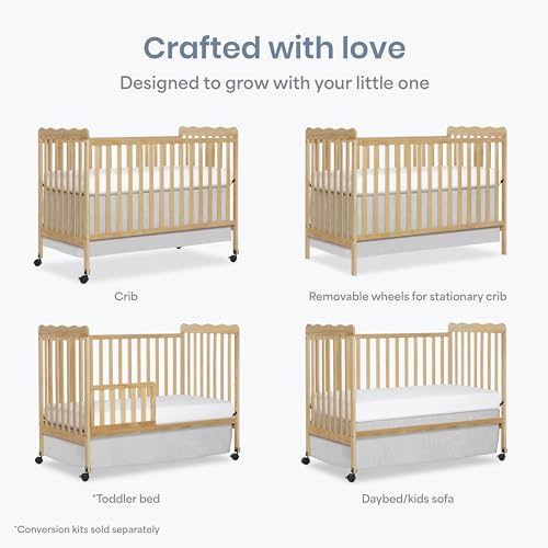 Image of Dream On Me Full Size Carson 3-in-1 Convertible Baby Crib, Locking Wheels | Portable & Converts to Toddler Bed & Daybed, 3 Adjustable Height, Wooden Crib, GREENGUARD Gold & BSA Verified, Natural