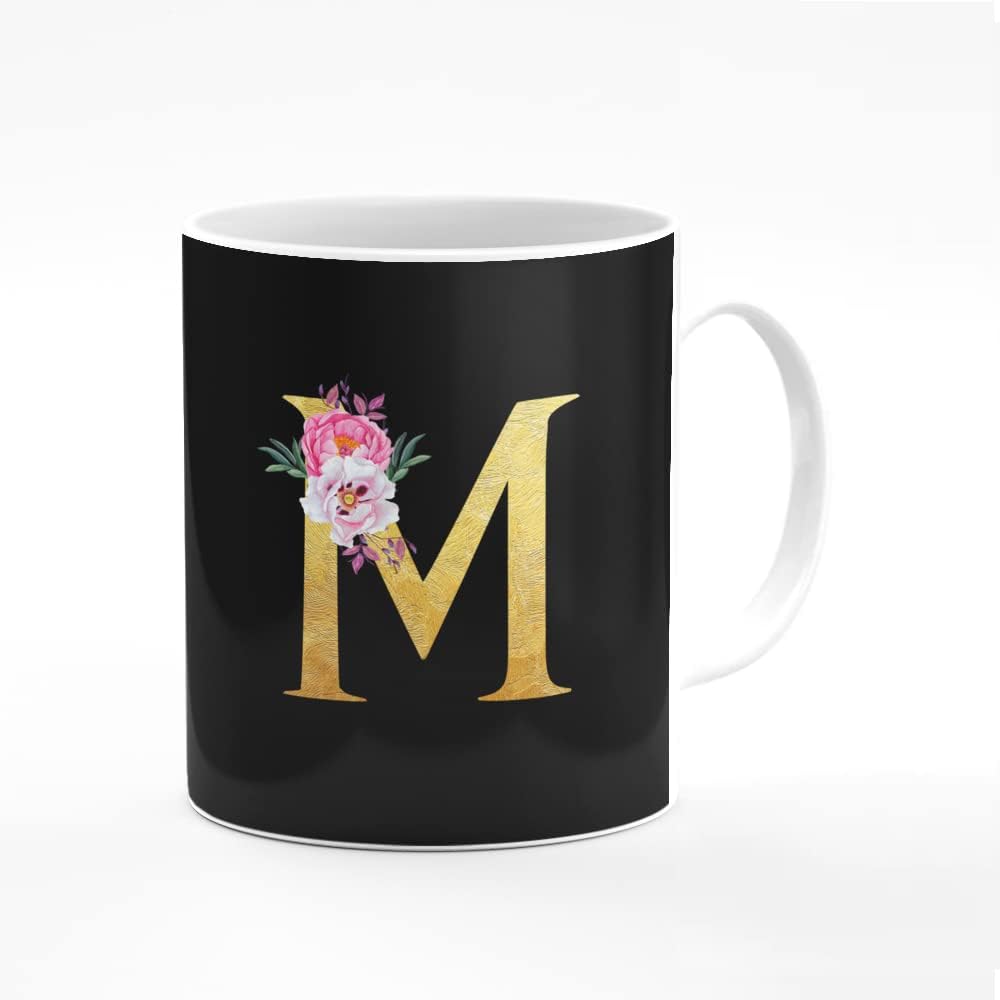 Stylizedd Designer Printed Coffee Mug 11oz Ceramic Personalised Gift Mugs Cup -Custom Monogram Initial Letter Floral Pattern Alphabet - M (Black)