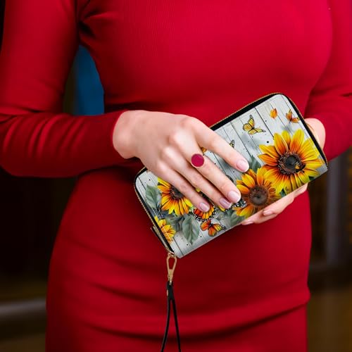 Women's Card Holder Wristlet Wallet, Convenient Travel Long Wallet with Strap and Pink Compact Mirror, Fashion and Sturdy Wristlet Long Purse for Women, Sunflowers Butterflies2