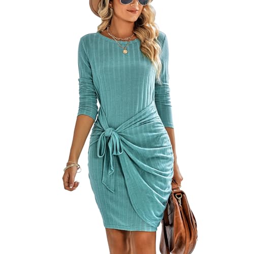 Robe décontractée de couleur unie avec laçage et col rond vêtement d'automne