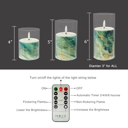 Image of Flickering Flameless Candles Blue Marble Embedded Star String Lights, Battery Operated Acrylic LED Pillar Candles with 11-Key Remote and Timer for Home Decoration, 3 Pack