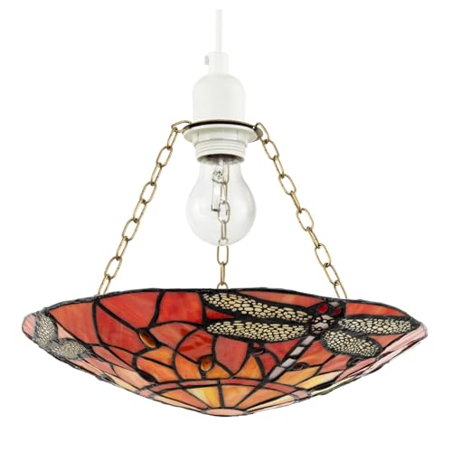 Traditional Vivid Orange and Amber Dragonfly Tiffany Glass Easy Fit Pendant Light Shade | 30cm x 5cm | Antique Brass Supporting Chains by Happy Homewares