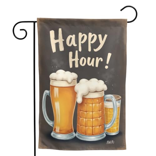Garden Flag Double Sided Happy Hour Beer Design Outdoor Decorative Polyester Yard Banner for Pub Patio Bar Decor 12.5x18 Inch