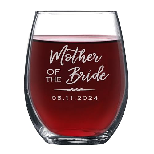 Lifetime Creations Custom Mother of the Bride Stemless Wine Glass - Personalized Engraved Wedding Rehearsal Thank You Gift for Mom from Daughter, Dishwasher Safe (holds 21 oz)