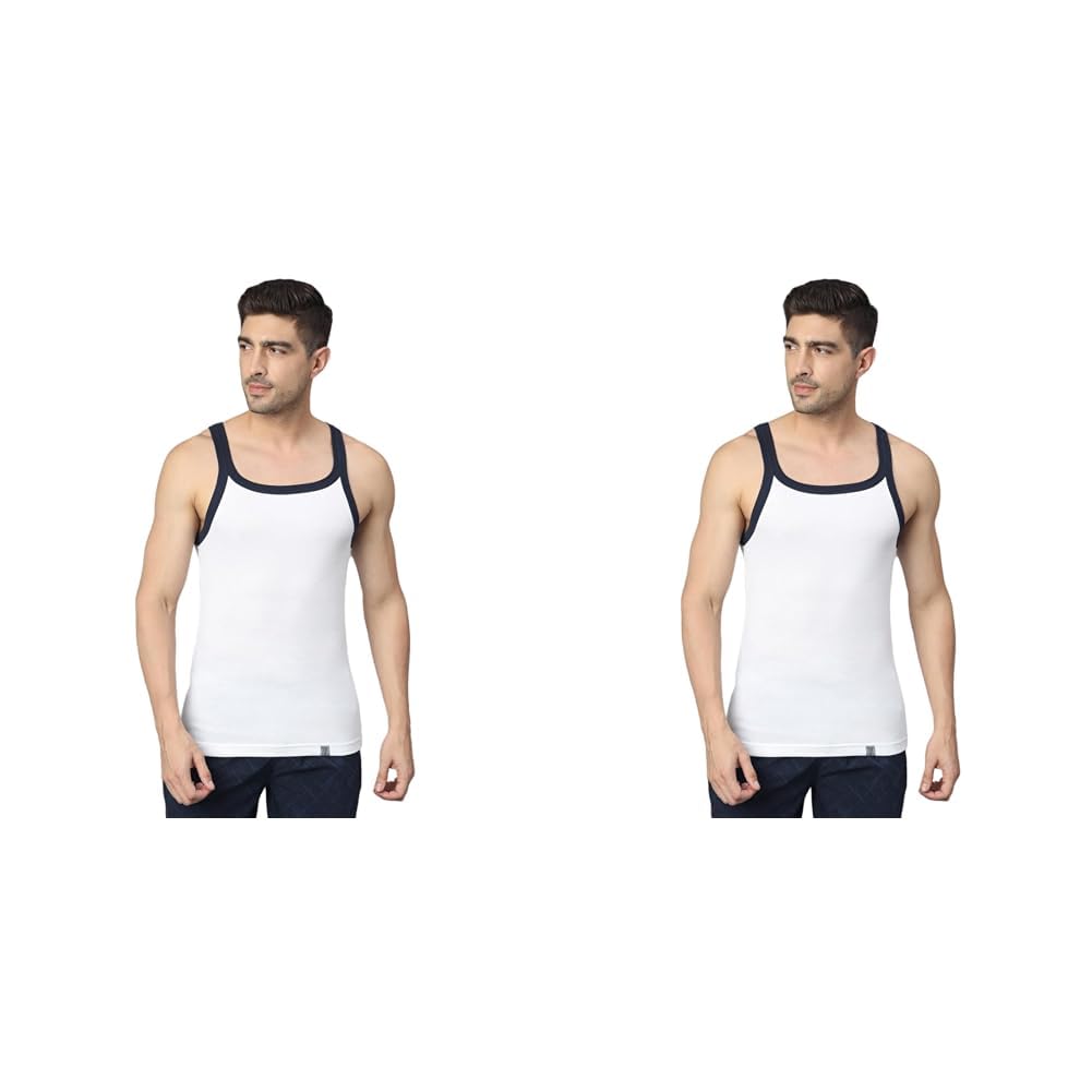 van heusen Men Athleisure Moisture Wicking Regular Fit Vest - 100% Combed Cotton - Ultra Soft, Round Neck_60072_White/Navy_X-Large (Pack of 2)-picture-12