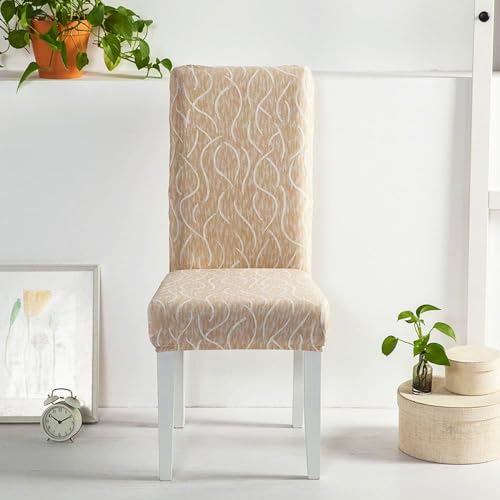 Image of House of Quirk Elastic Chair Cover Stretch Removable Washable Short Dining Chair Cover Protector Seat Slipcover ((Pack of 1, Beige Wavy))