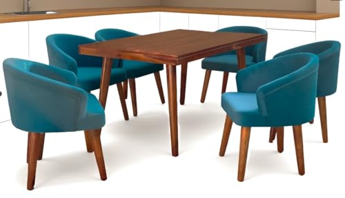 Image of DaneWood Wooden Dining Table 6 Seater | Six Seater Dinning Table with 6 Upholstered Dining Chairs | Dining Room Sets for Restaurants | Sheesham Wood | Honey Finish & Blue Velvet Fabric Chairs