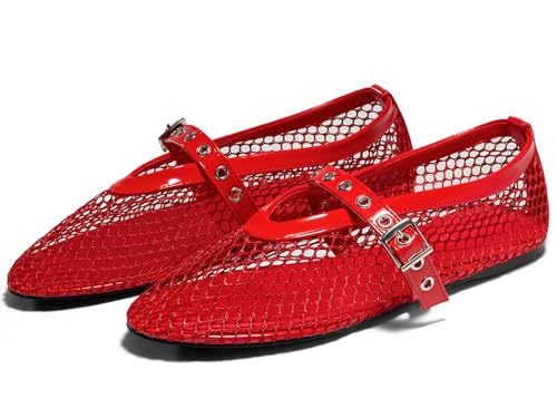 Coutgo Womens Mesh Ballet Flats Mary Jane Fishnet Ballerina Buckle Strap Comfortable Causal Dress Shoes