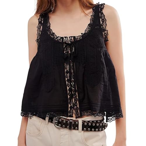 Image of Y2K Lace Trim Vest Tank Tops for Women Front Tie Button Front Going Out Crop Top Cute Summer Mesh Cami Shirt Blouse (B-Black, M)