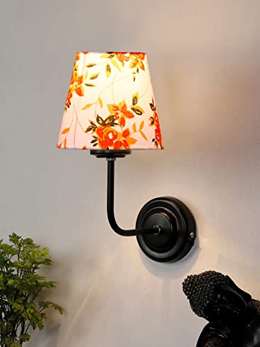 Image of Wall Sconce Wall Lamp (H-10 Inches, Orange Floral) for Living Room /Bedroom, Hall, Study, Kids Room, Home Office & Balcony Decor | Black Metal Finish, Modern Indoor Wall Night Ambient Lighting