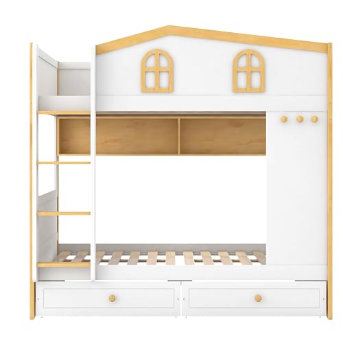 Image of Merax Full Over Full Size House Bunk Bed with Storage Shelves & 2 Drawers, Solid Wood Space-Saving Loft Bed Frame with Safety Guardrails for Bedroom, White+Natural