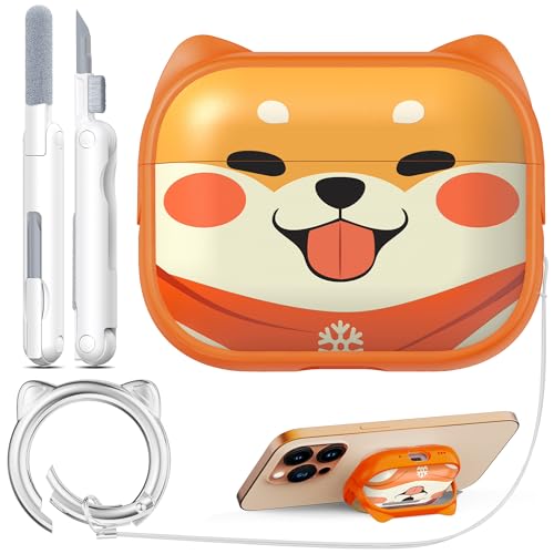 Coque AirPods Pro 2 orange avec support de téléphone portable et motif de chien ludique